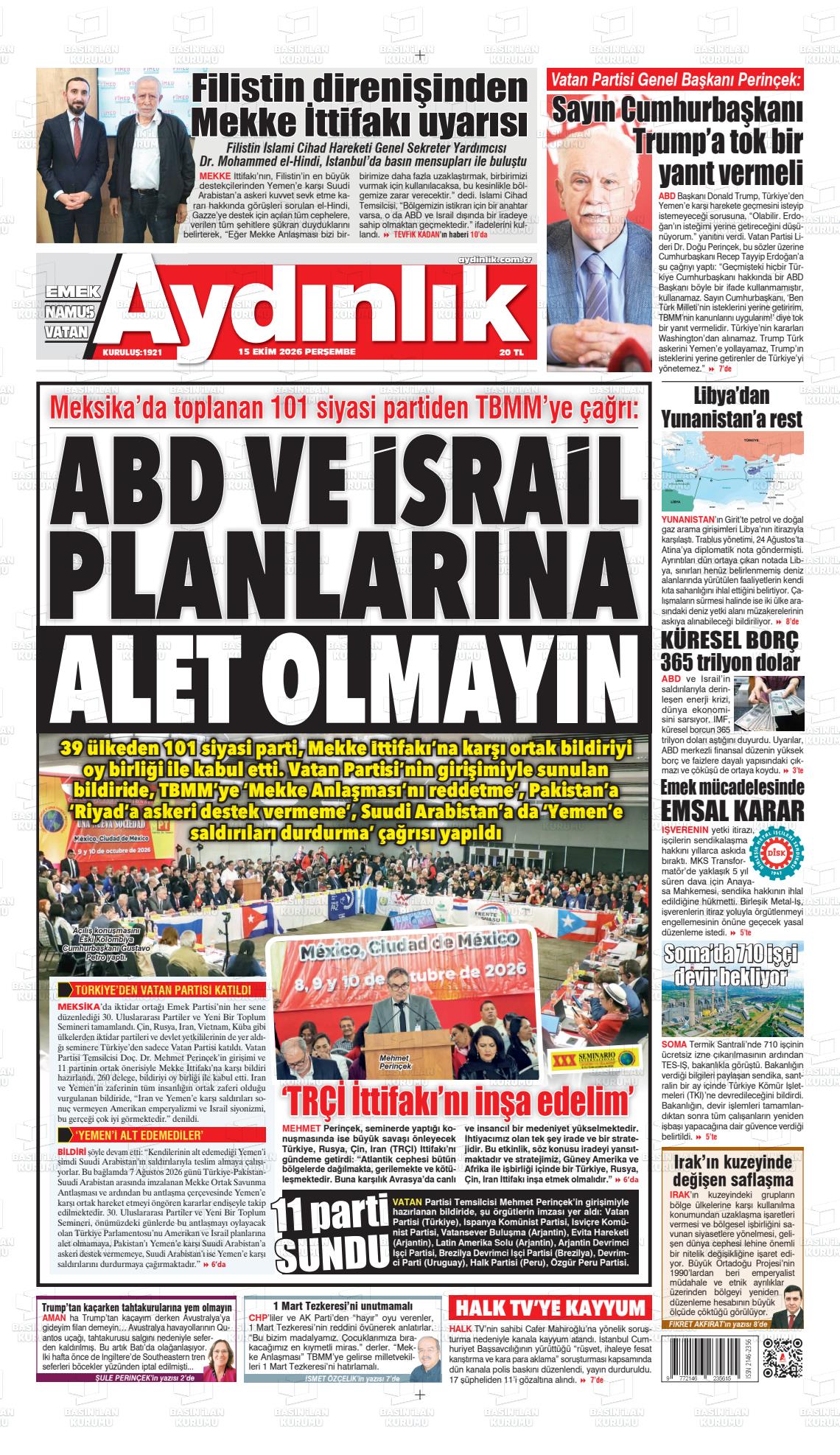 AYDINLIK VATAN-EMEK-NAMUS manşet